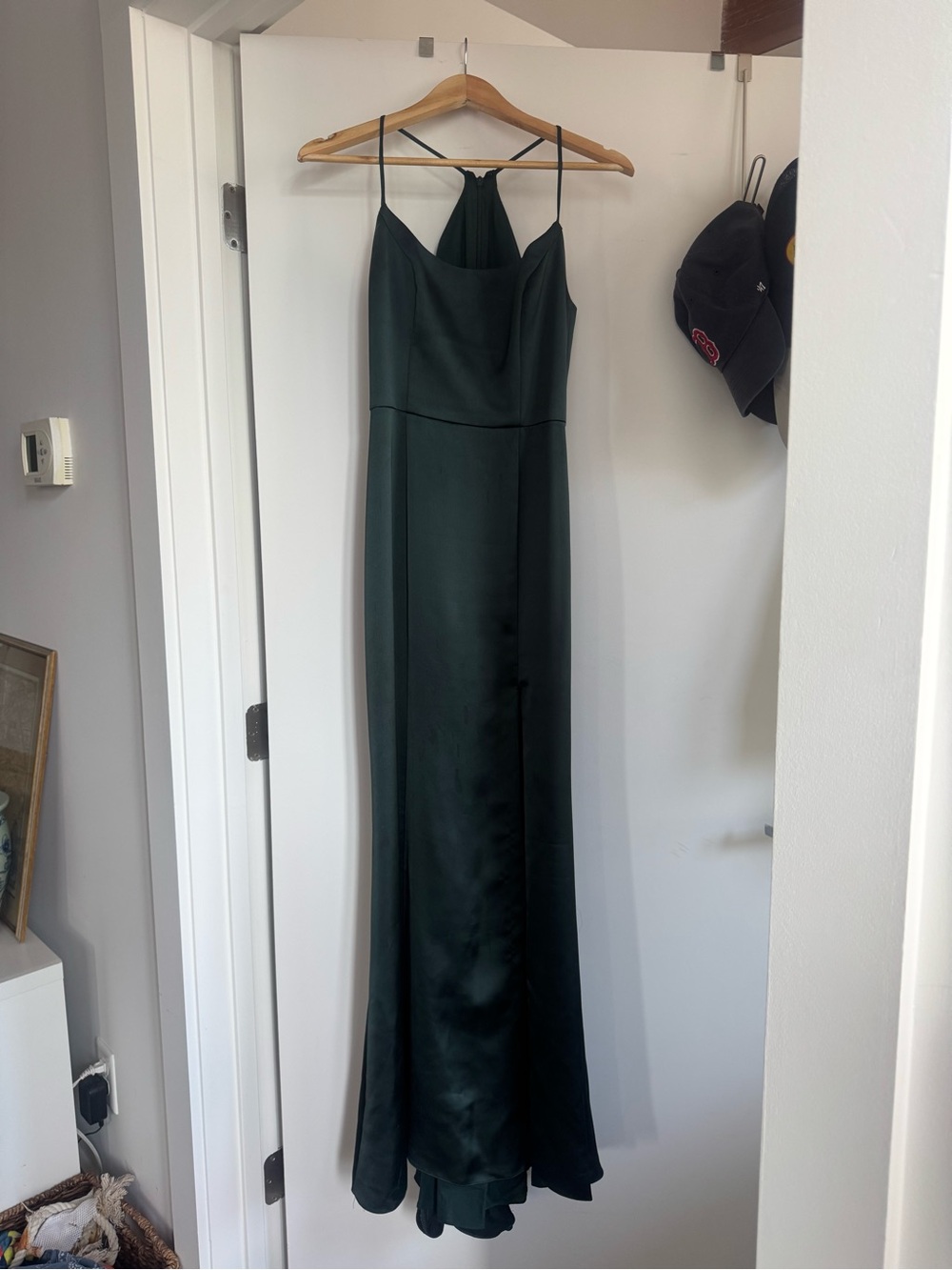 Amsale Forest Green Satin Spaghetti-Strap Maxi Dress